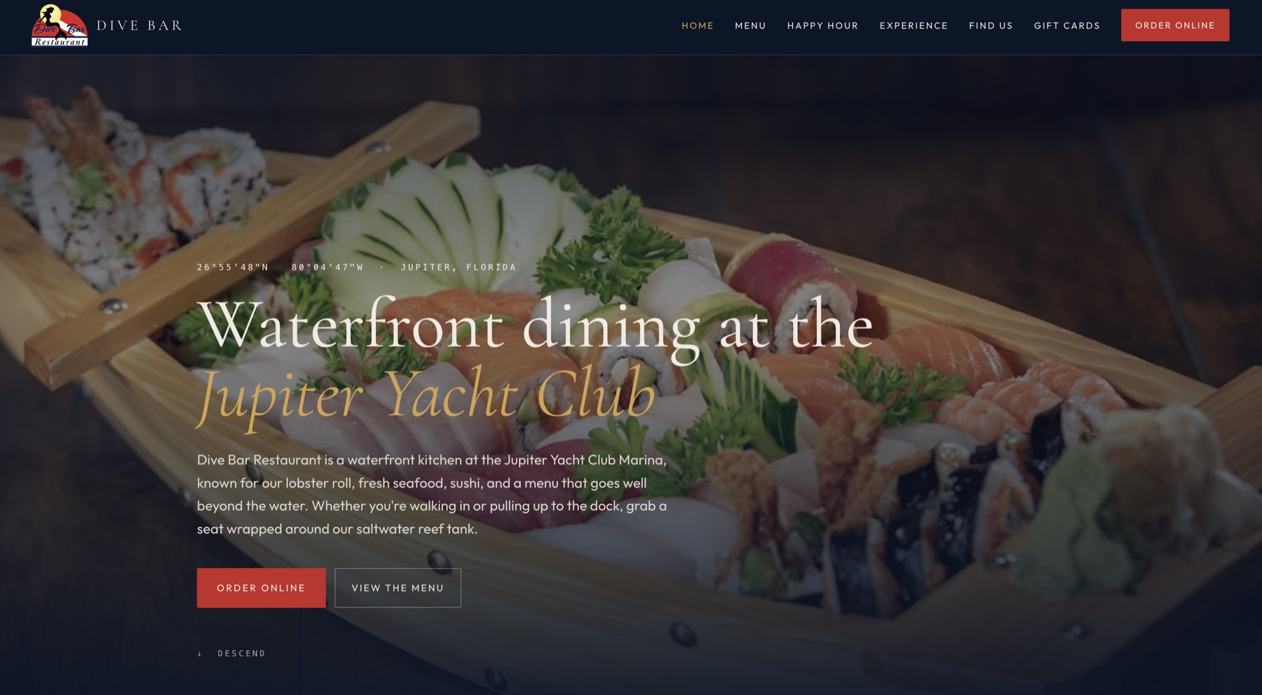 The Dive Bar Restaurant homepage: a sushi boat behind the headline Waterfront dining at the Jupiter Yacht Club.
