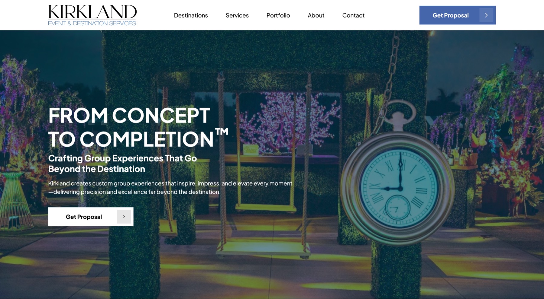 The Kirkland Event and Destination Services homepage: an illuminated garden event setting behind the headline From Concept to Completion.